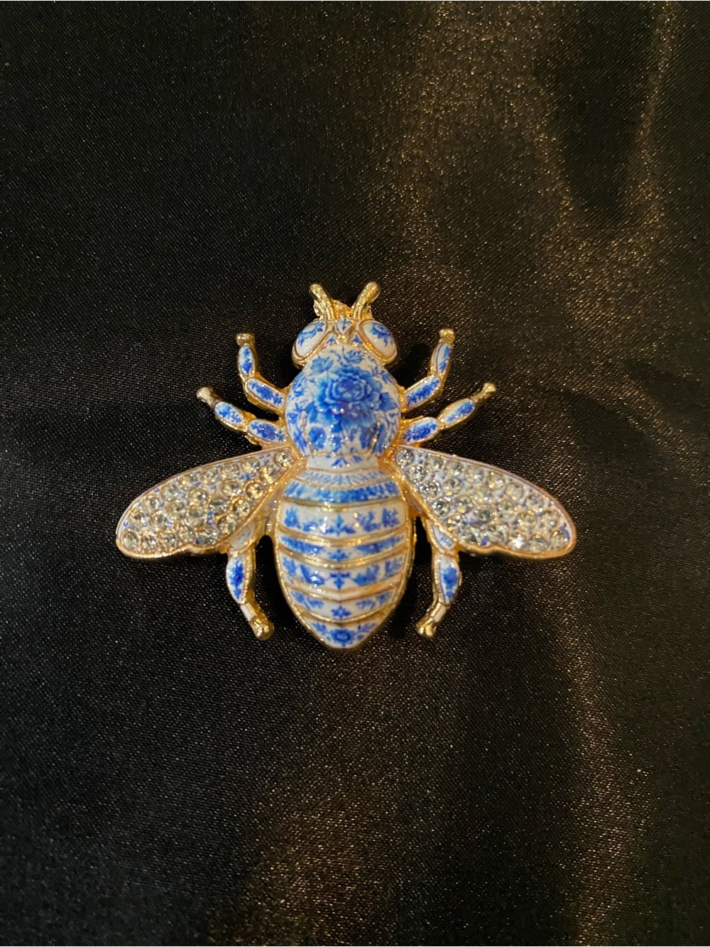 Gold-Tone Blue & White Bee Brooch with Crystal Wings